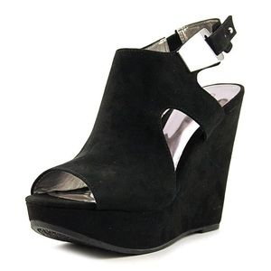 Carlos Santana Womens Malor Fabric Open Toe Black Suede Platform Wedges Size 8